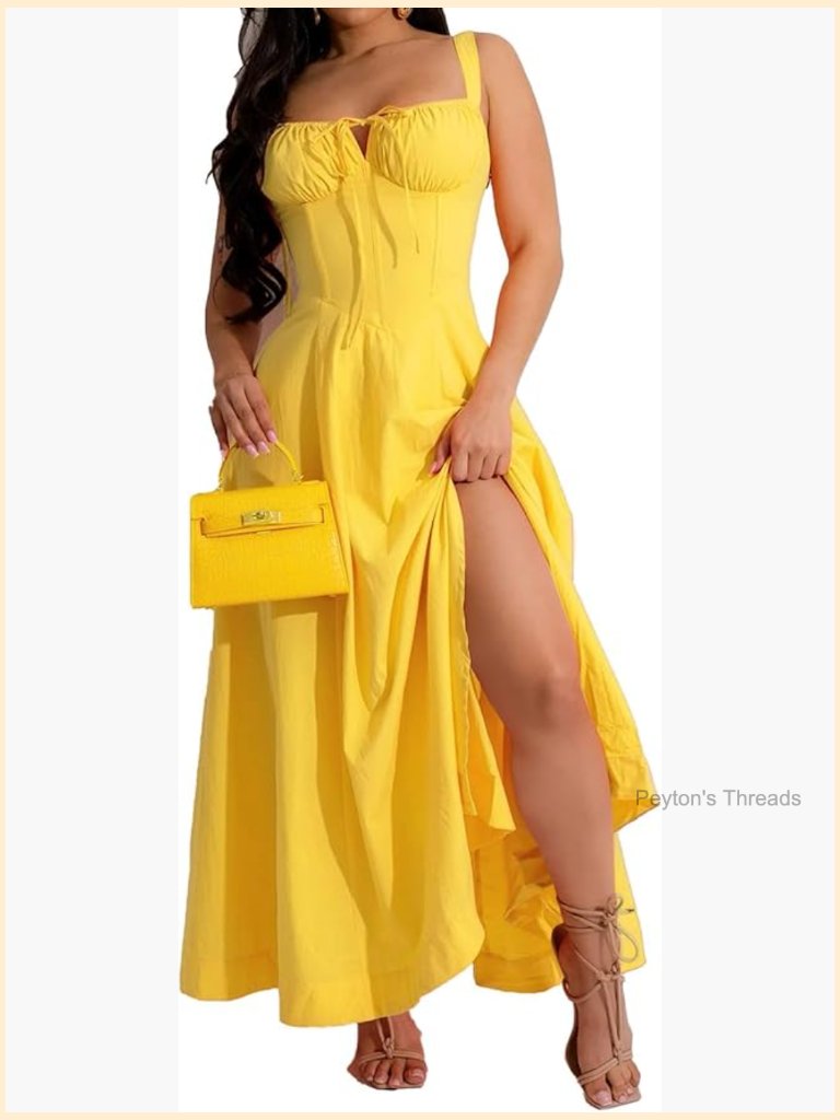 Sleeveless Lace Up Ruched Bodycon Midi Dress Square Neck A-Line Flowy